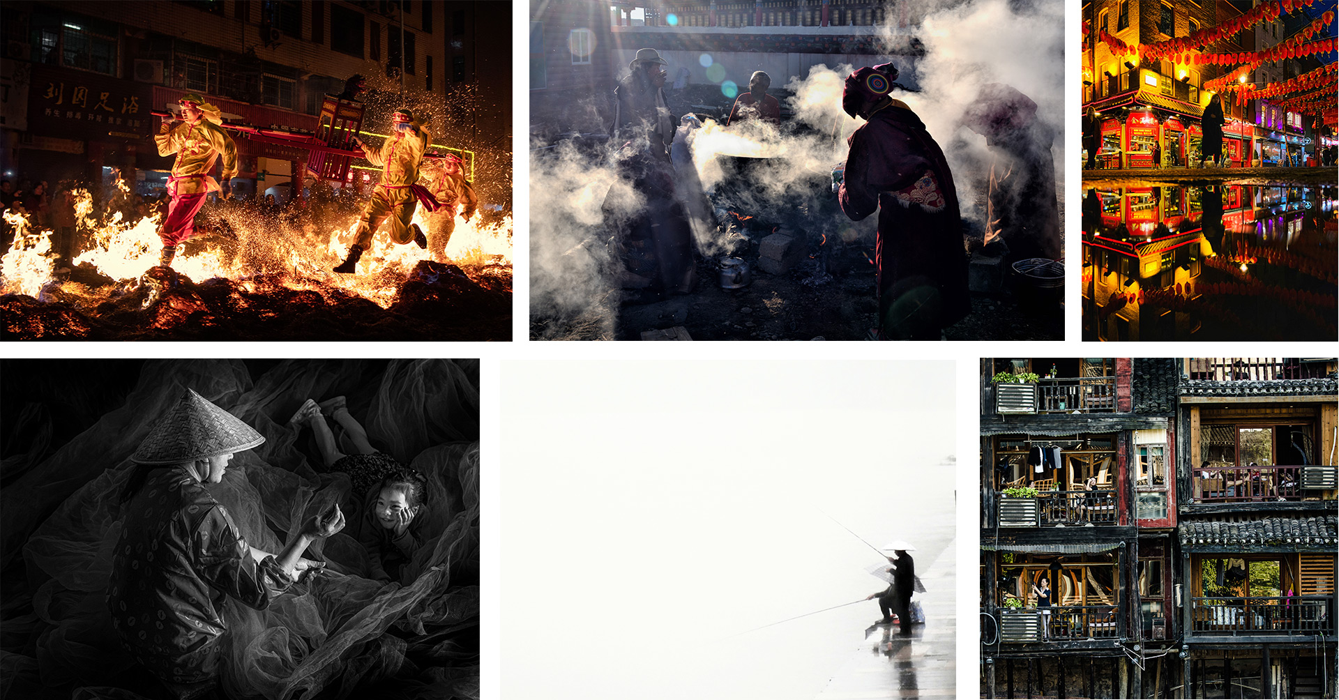 Winners of the other GSPA categories: Top L-R: Above the Flames by Ni Chen; Preparing for Breakfast by Aris Liem; Chinese NY, Chinatown, London by Olivia Ritchie. Bottom L-R: Mending the Nets by Susan Moss; Cloud Fishing by Karen Morris-Lanz; Life in Squares by Miao Qing